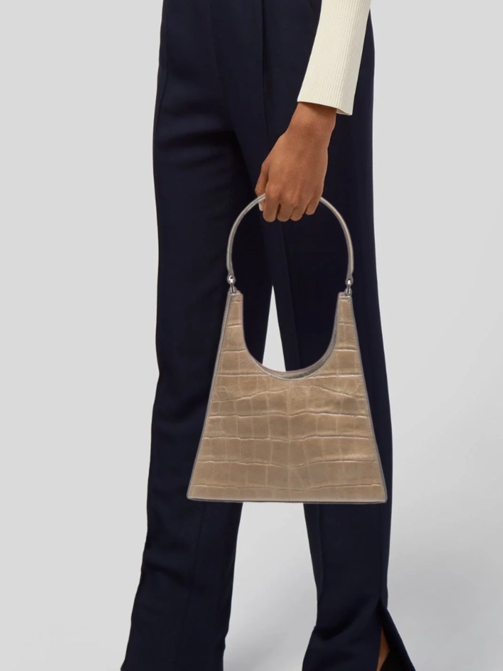 STAUD Mini Rey Taupe Croc-Embossed Top-Handle Bag